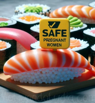 Imagen de sushi con una etiqueta que dice Apto para embarazadas.