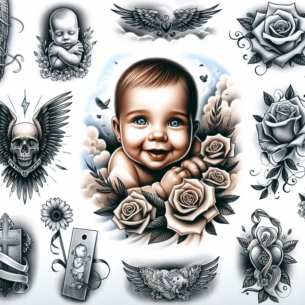 Imagen mostrando 19 diseños de tatuajes conmemorativos dedicados a bebés fallecidos