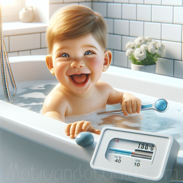 Bebé disfrutando de un baño en una bañera con termómetro de agua visible.