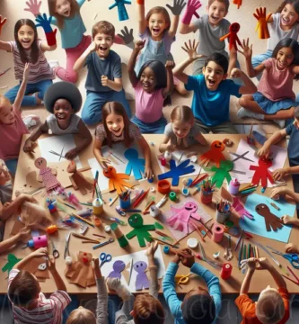 Niños haciendo títeres de mano coloridos y sencillos con materiales caseros.