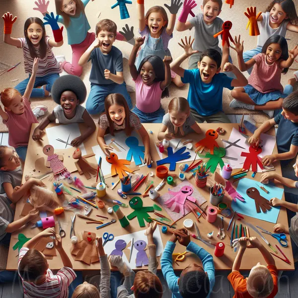 Niños haciendo títeres de mano coloridos y sencillos con materiales caseros.