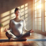 Mujer embarazada practicando yoga en postura de meditación en una sala luminosa.